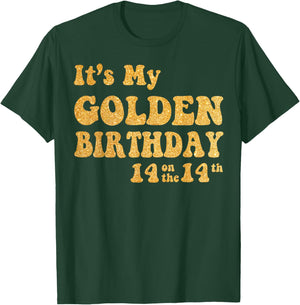 It's My 14th Golden Birthday 14 Year Old Bday Kids Groovy T-Shirt - T-Shirt | Forest