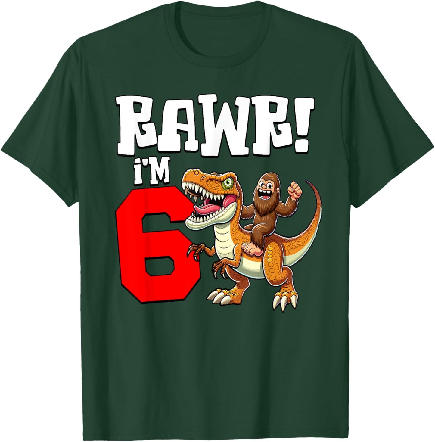6 Years Old Bigfoot Dinosaur T-Rex Boys Kids 6th Birthday T-Shirt - T-Shirt | Forest