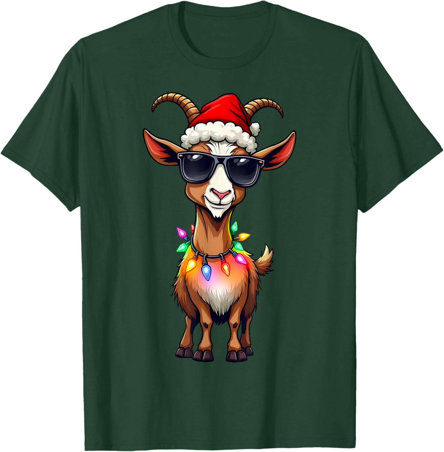 Goat Santa Hat Lights Christmas Cute Xmas Pajama T-Shirt - T-Shirt | Forest
