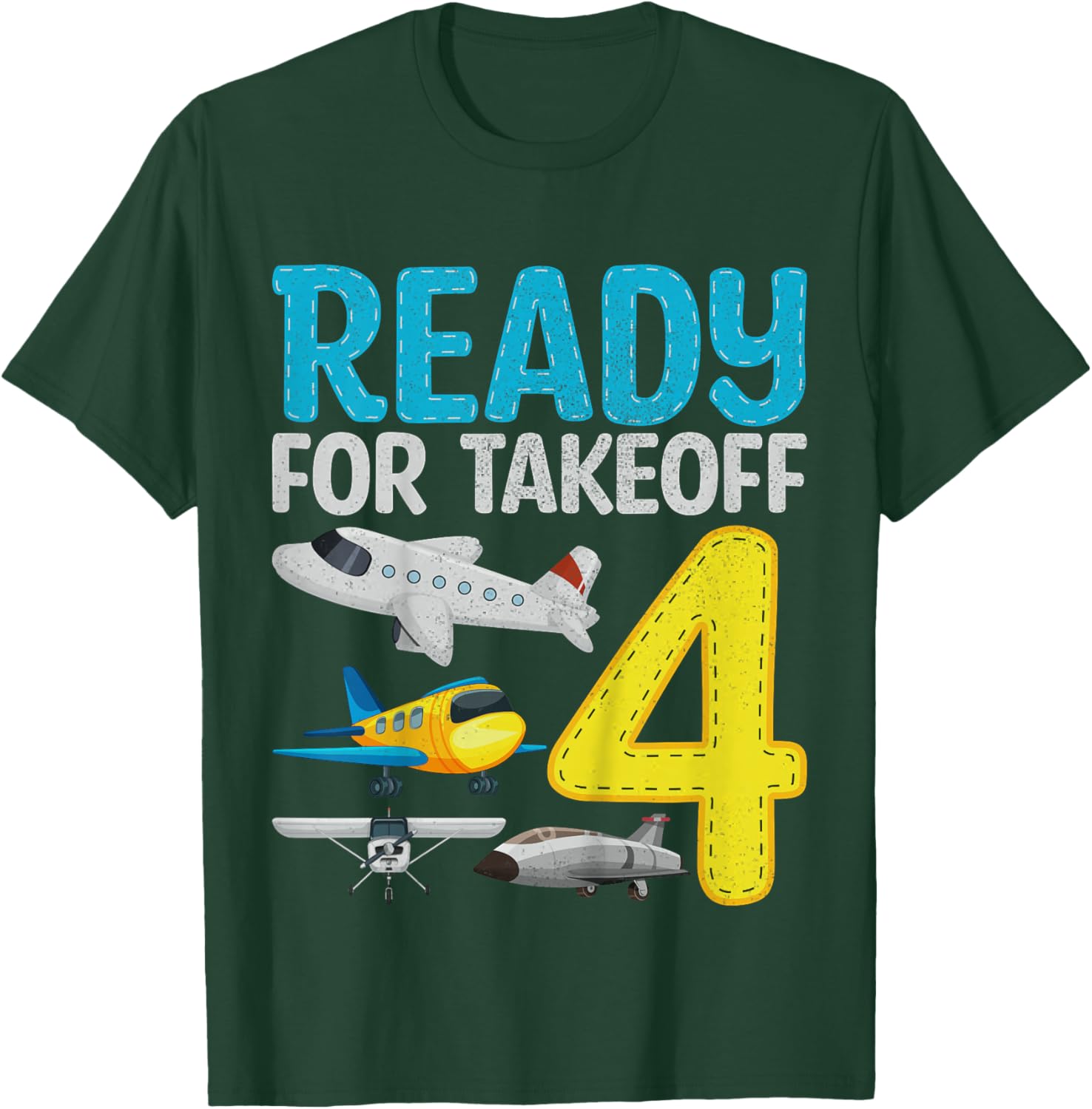 Kids Ready For Takeoff I'm 4 Airplane 4 Years Old 4th Birthday T-Shirt - T-Shirt | Forest