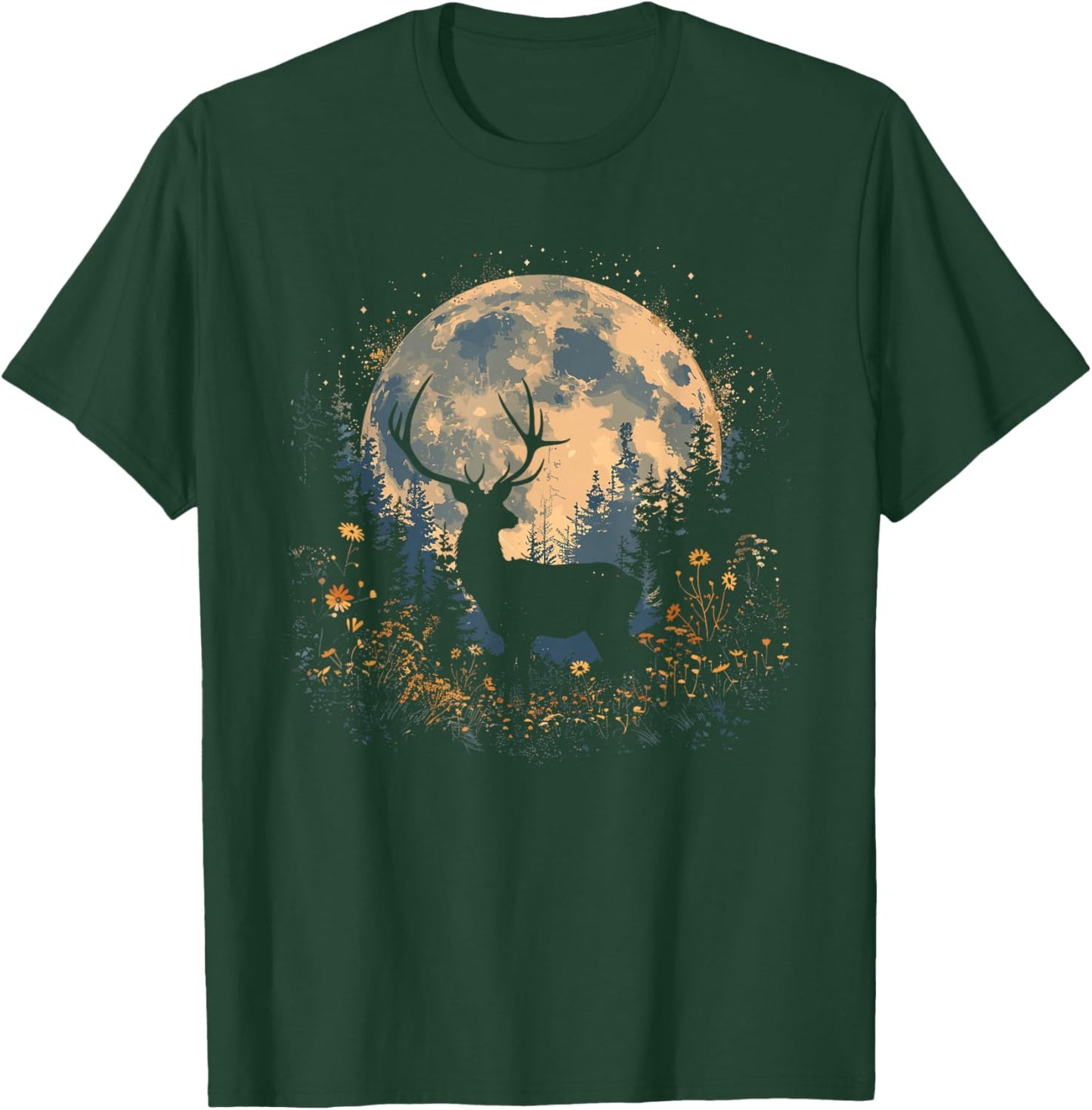 Deer Floral Full Moon Whitetail Buck Deer Flowers T-Shirt - T-Shirt | Forest