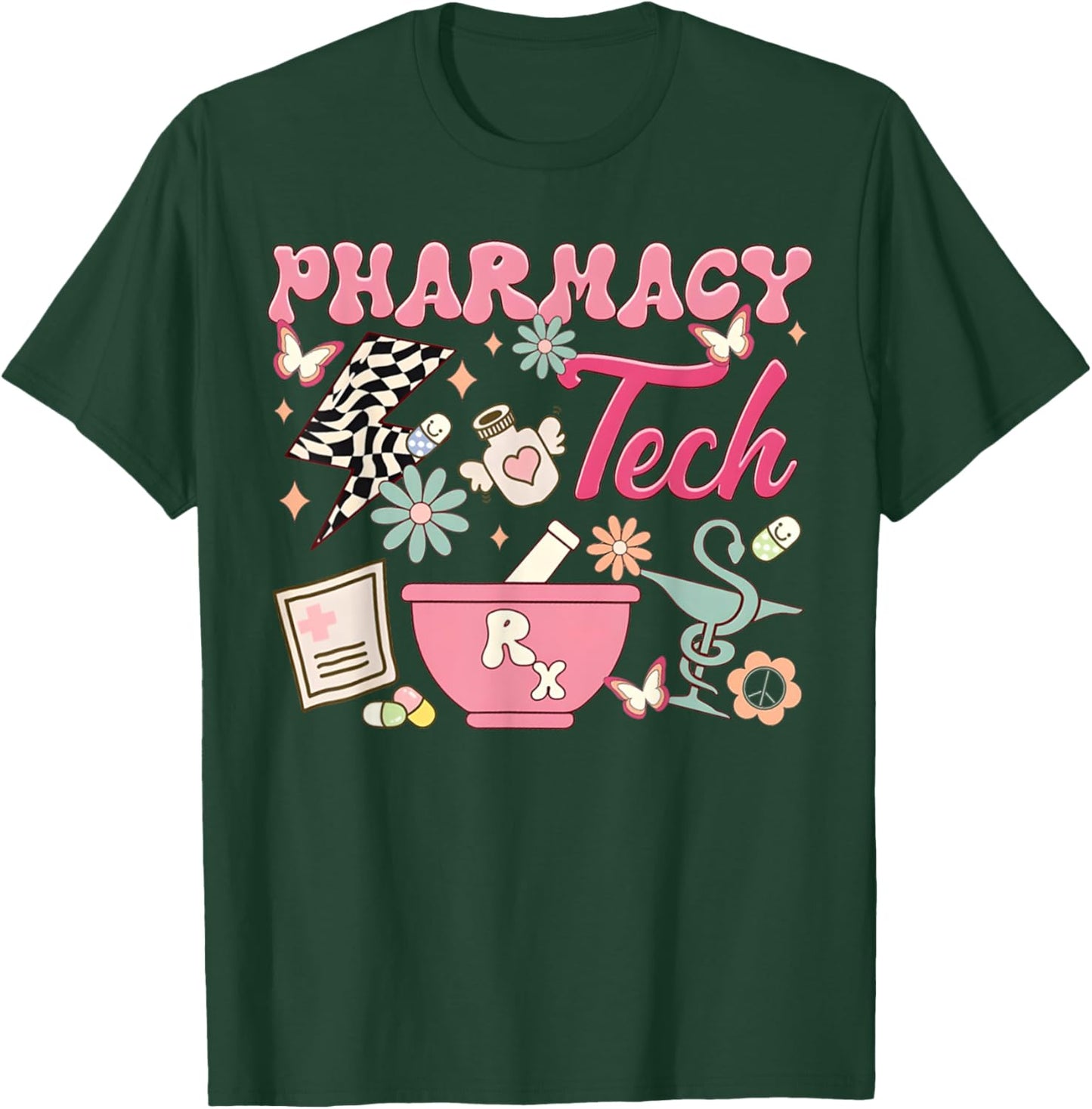 Vintage Pharmacy Tech Technician Pharmacist Student Flower T-Shirt - T-Shirt | Forest