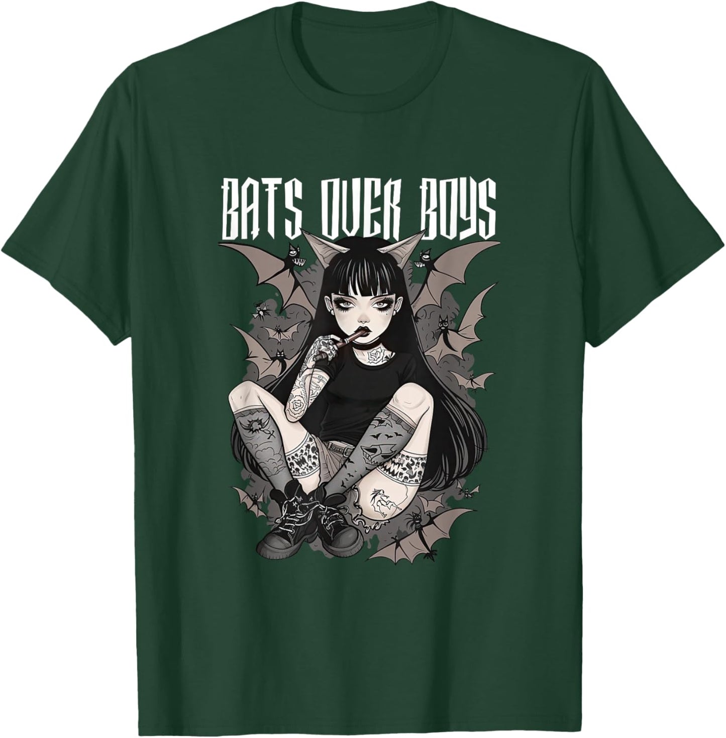 Bats Over Boys Quote Dark Aesthetic Spooky Gothic Anime Girl T-Shirt - T-Shirt | Forest