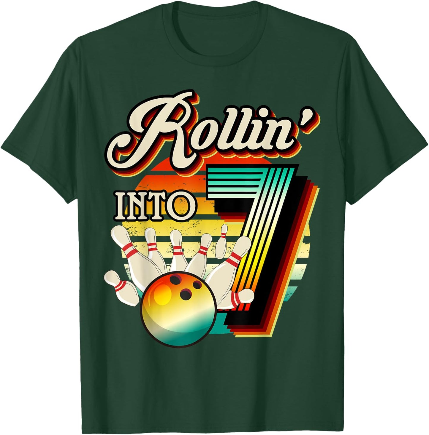 Rollin into Bowling 7 Year Old Retro Birthday 7th Bday Party T-Shirt - T-Shirt | Forest