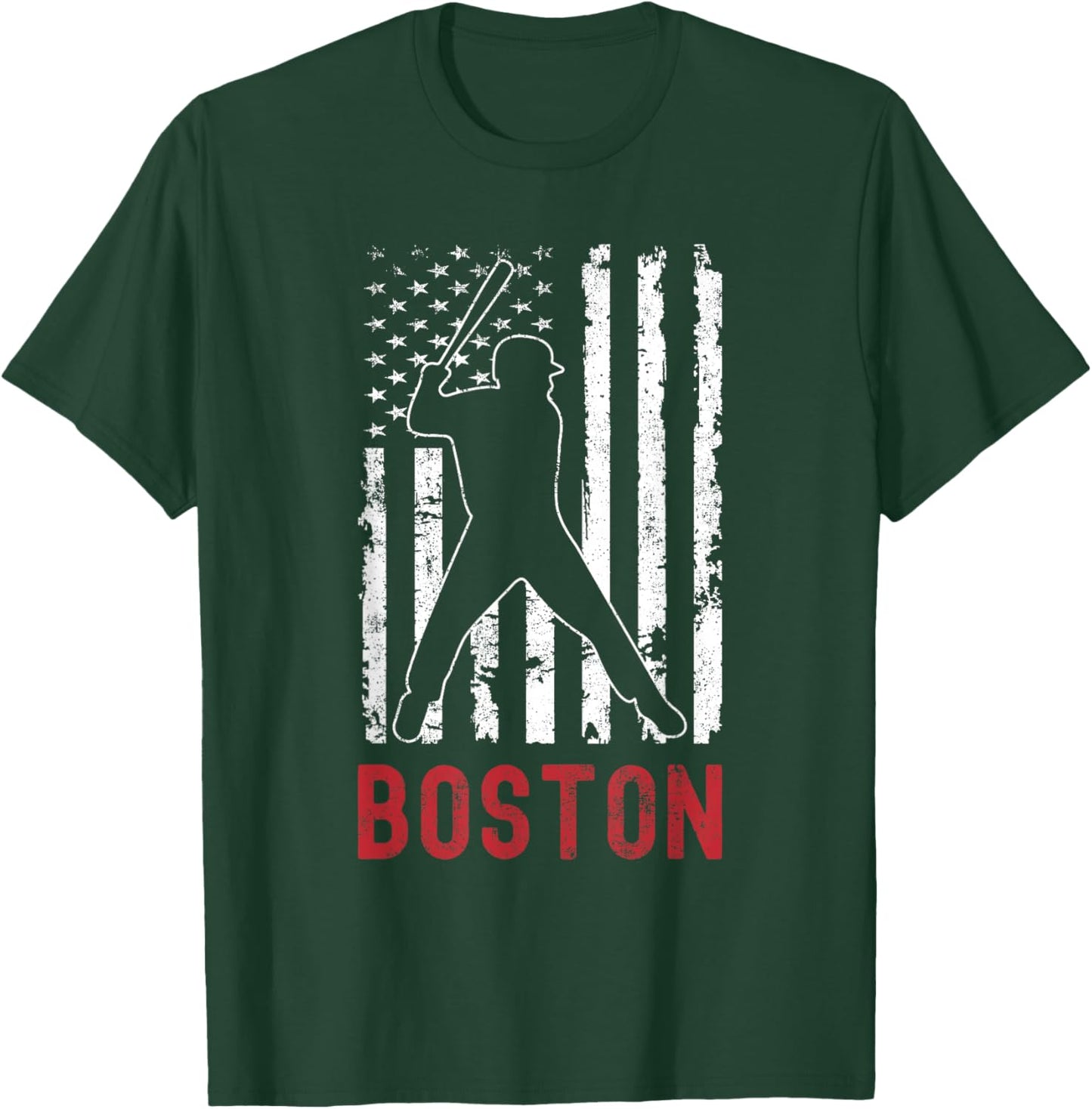 Boston Massachusetts American Flag Baseball Weathered T-Shirt - T-Shirt | Forest