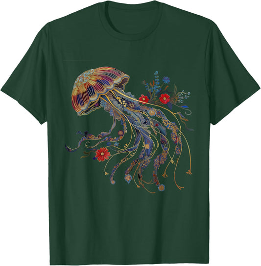 Jellyfish Floral Vintage Flowers Ocean Scuba Diving Diver T-Shirt - T-Shirt | Forest
