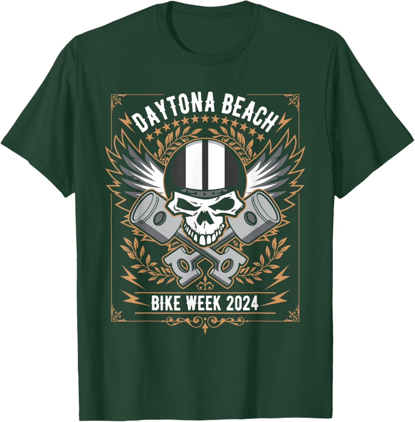 Daytona Beach Bike Week 2024 Retro Motorcycle Skull Design Men Women T-Shirt - T-Shirt | Forest