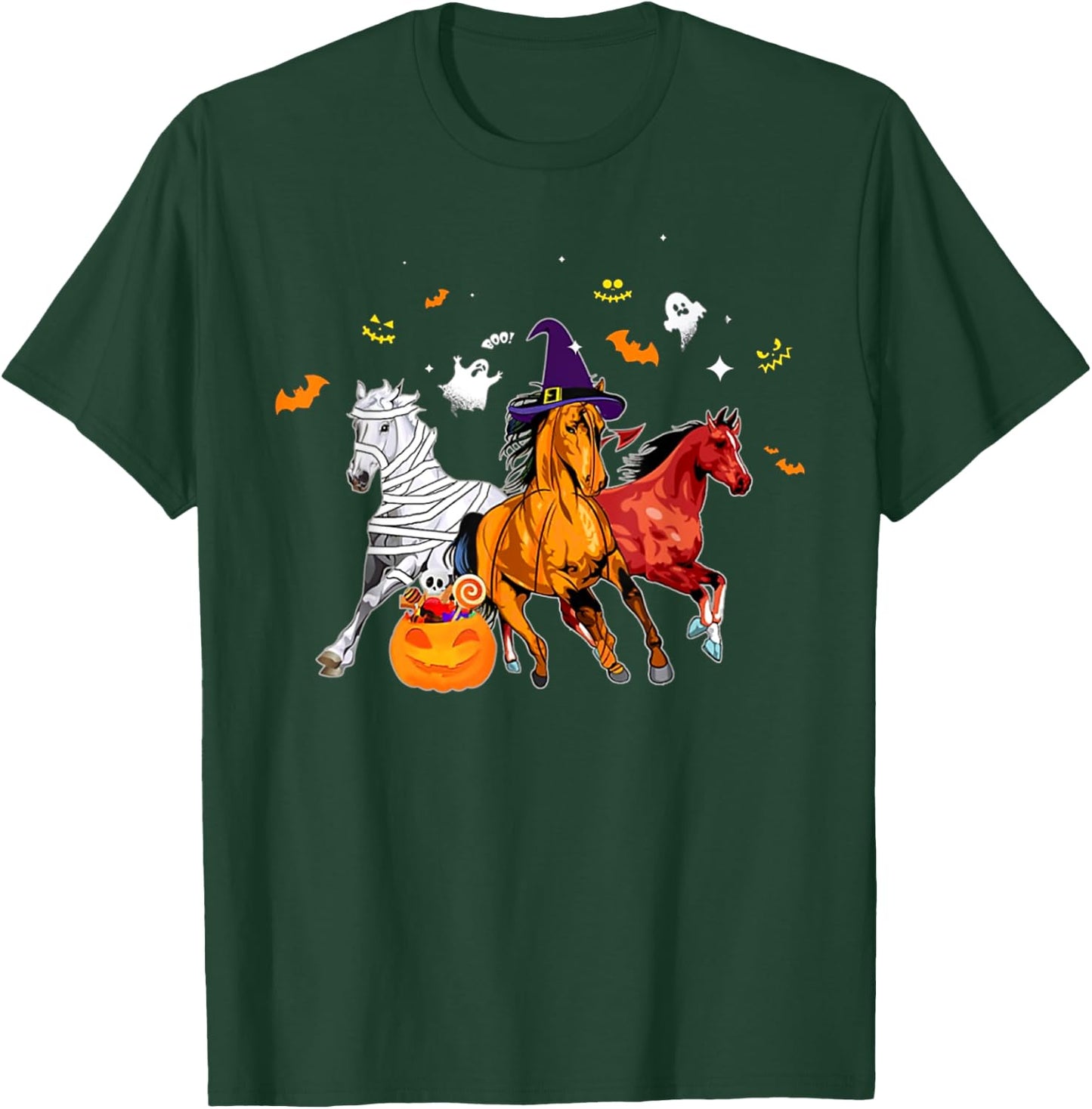Cute Horse In Halloween Costume Horse Zombie Witch Pumpkin T-Shirt - T-Shirt | Forest