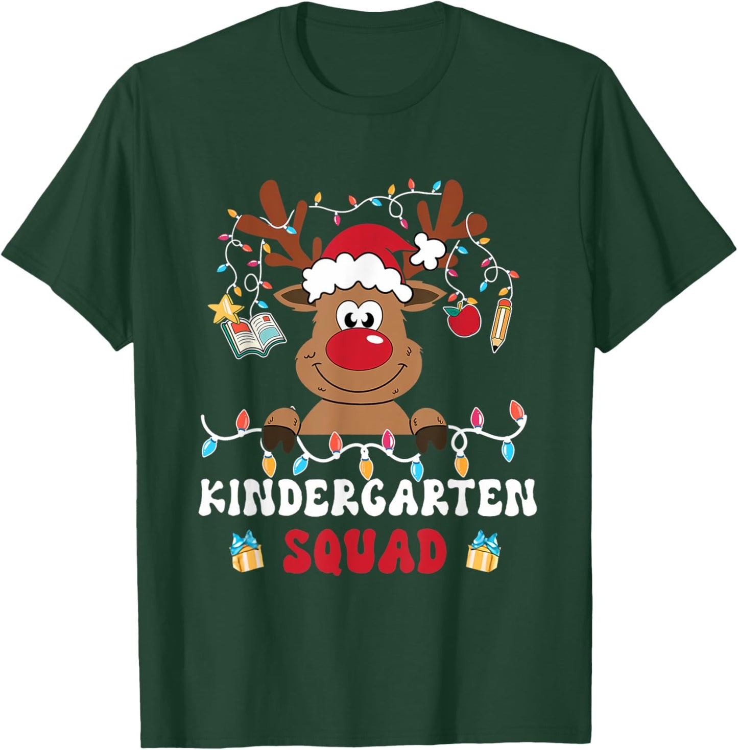 Kindergarten Squad Plaid Reindeer Santa Teacher Christmas T-Shirt - T-Shirt | Forest