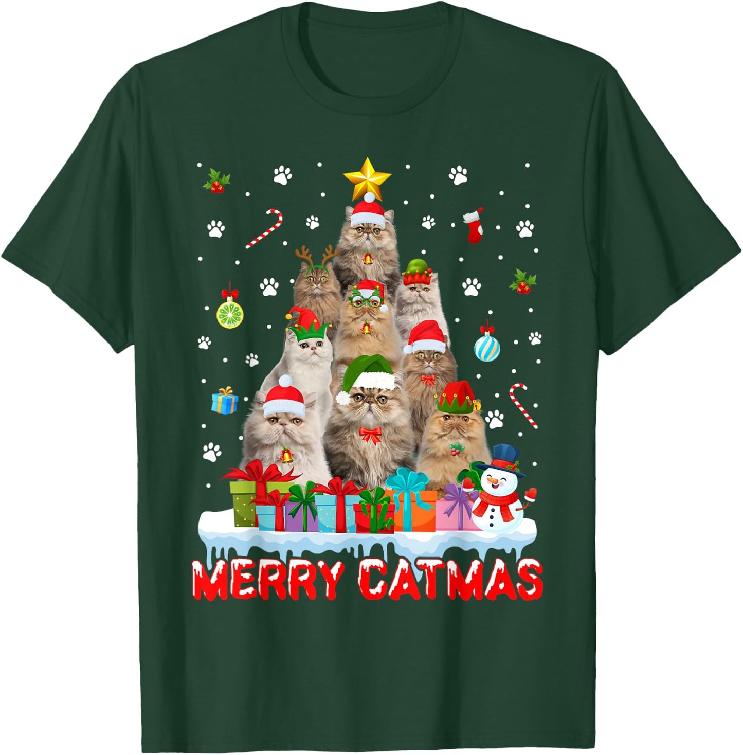 Funny Persian Cat Lovers Cute Holiday Christmas Tree T-Shirt - T-Shirt | Forest
