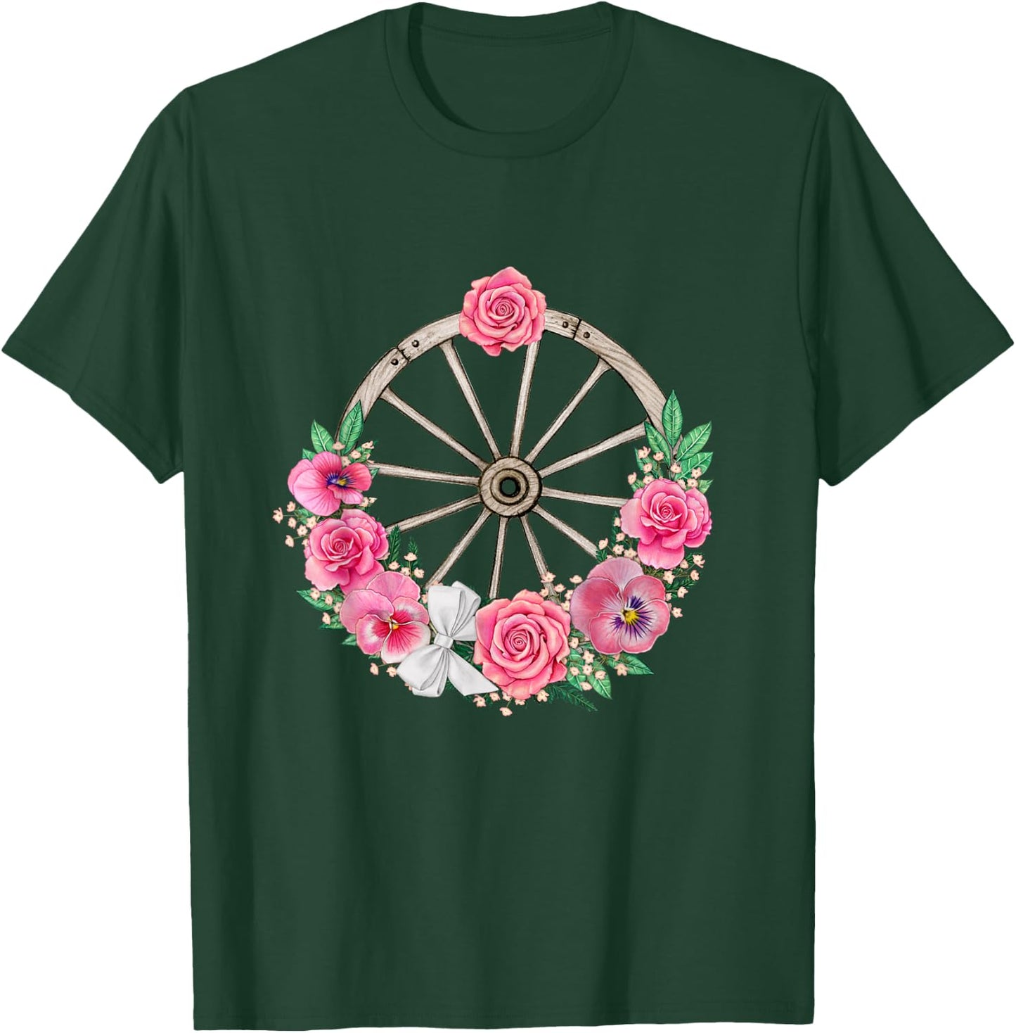 Country Wagon Wheel with Pink Roses and Panses T-Shirt - T-Shirt | Forest