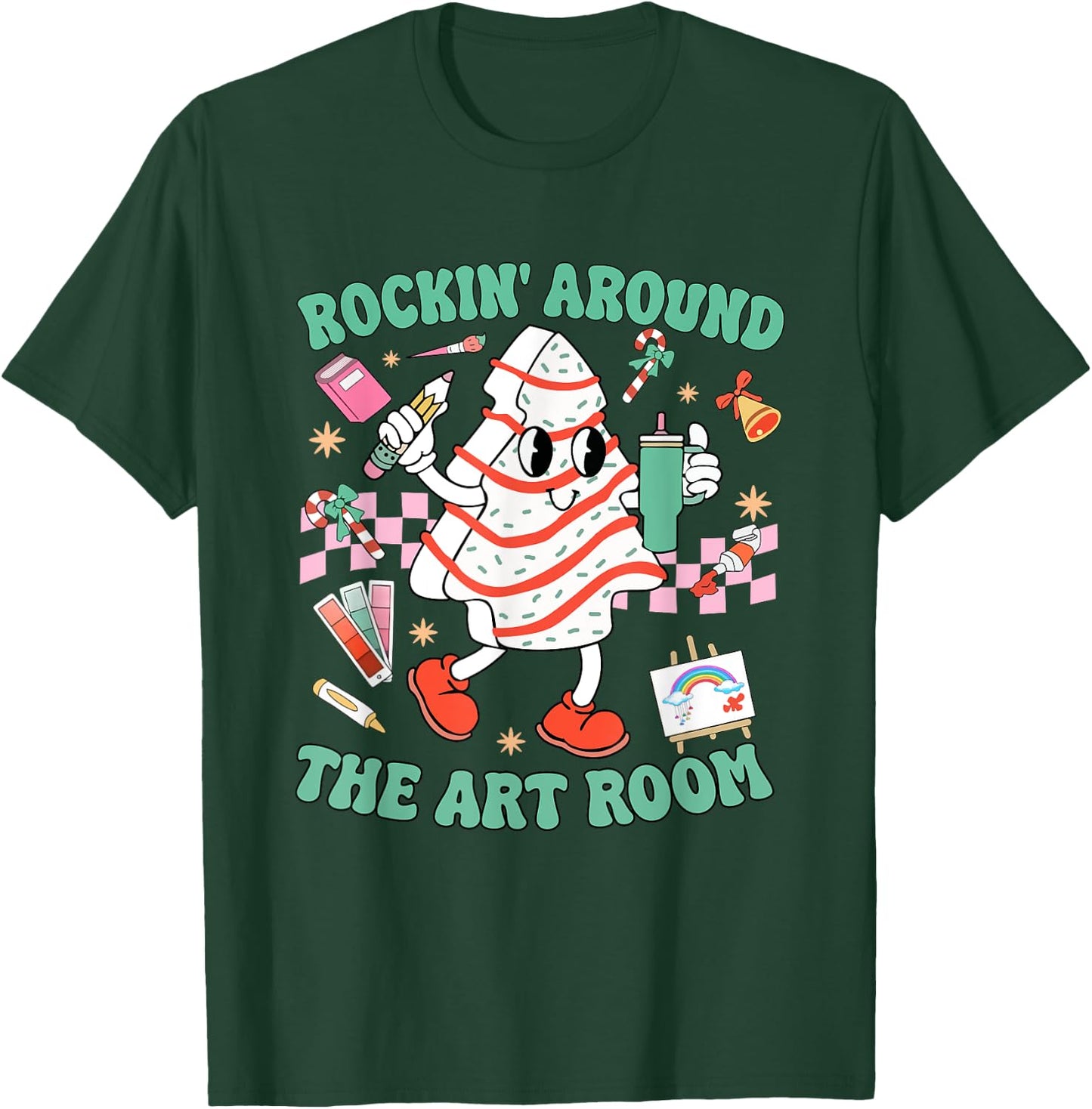 Rocking Around The Art Room Retro Christmas Art Teacher T-Shirt - T-Shirt | Forest