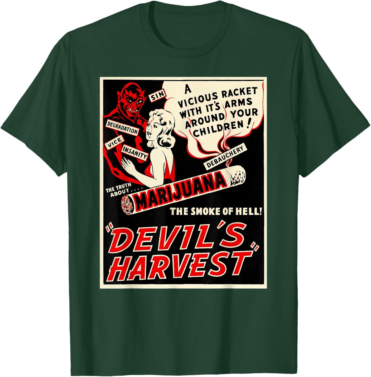 Retro Weed Art-Devil's Harvest Marijuana Weed Propaganda T-Shirt - T-Shirt | Forest
