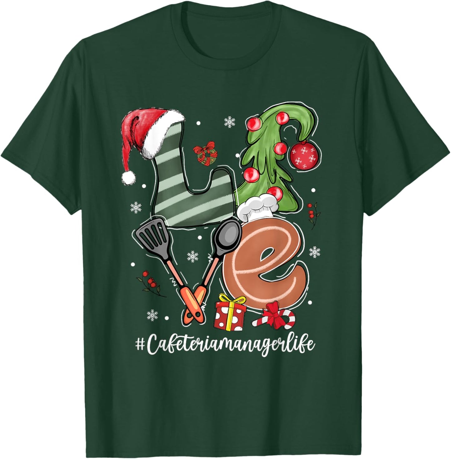 LOVE Spatula Santa Hat Cafeteria Manager Life Christmas T-Shirt - T-Shirt | Forest