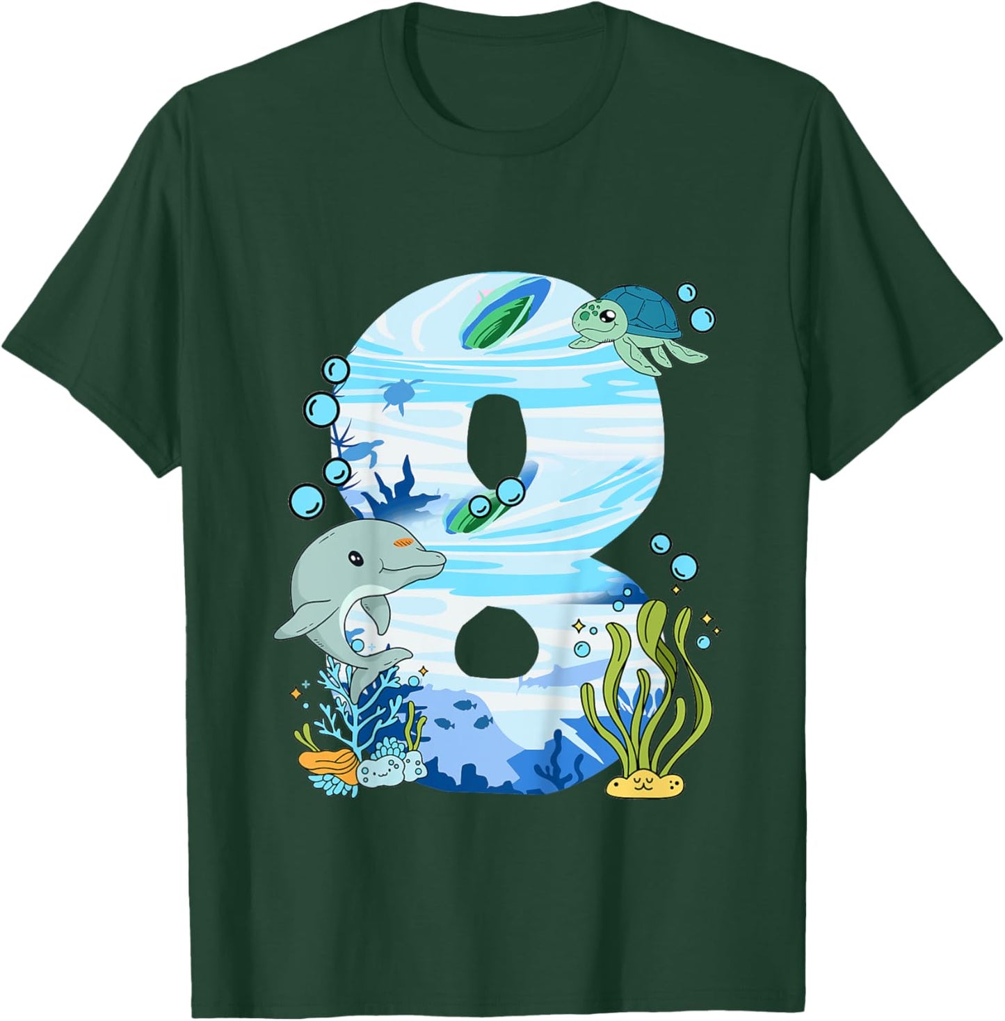 Underwater 8 Years Old - Dolphin And Turtle 8th Birthday T-Shirt - T-Shirt | Forest