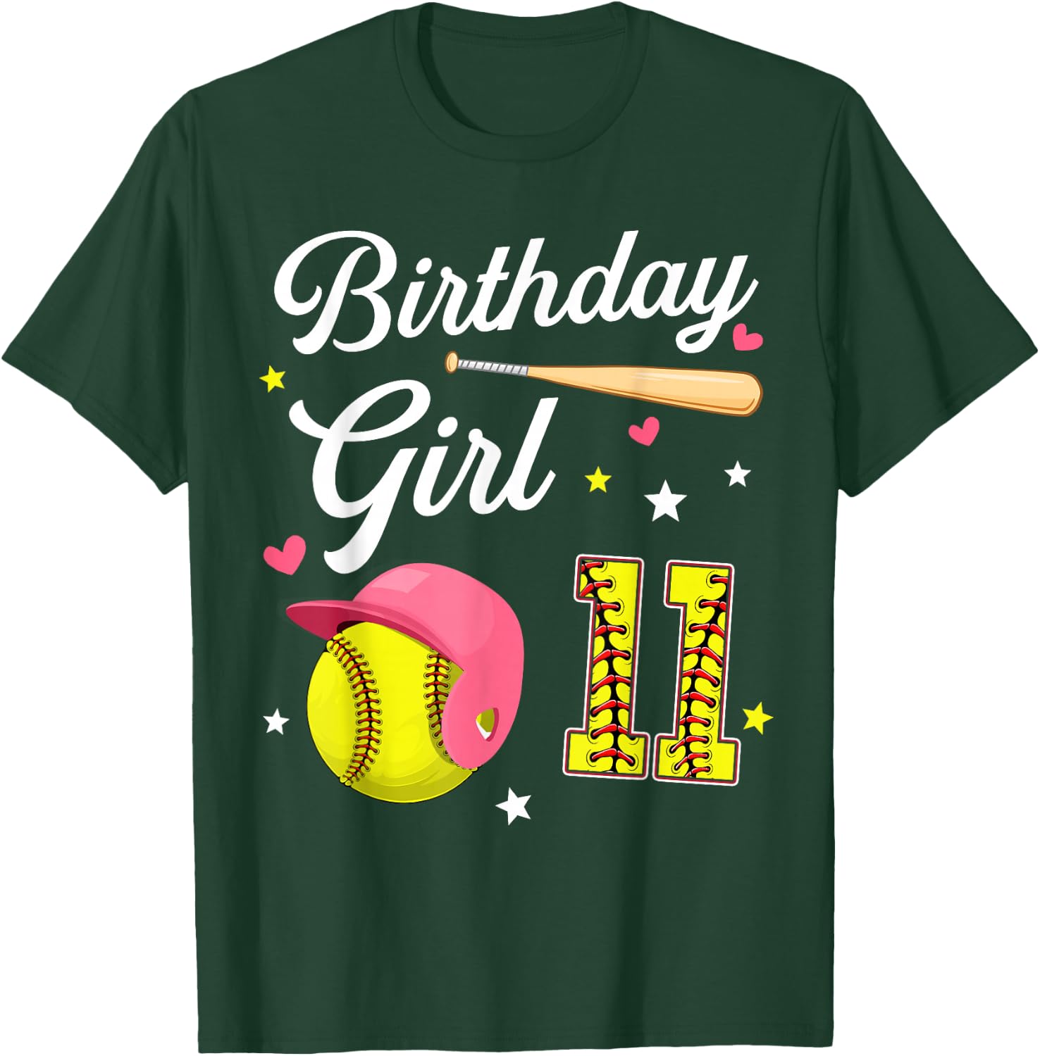 11th Birthday Girl Softball Eleventh Bday 11 Eleven Year Old T-Shirt - T-Shirt | Forest
