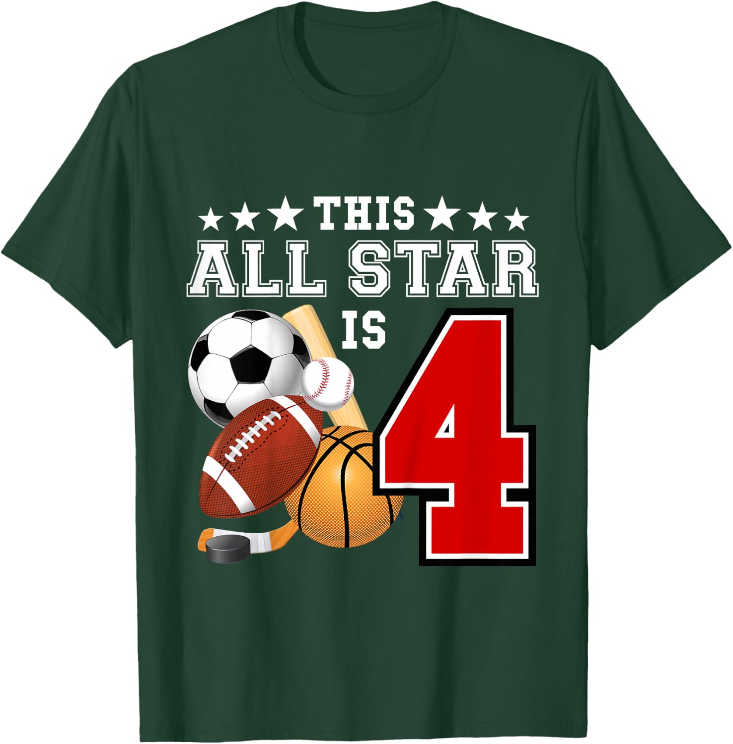 Kids 4 Year Old Sports Star Birthday Party All Sport 4th Gift T-Shirt - T-Shirt | Forest