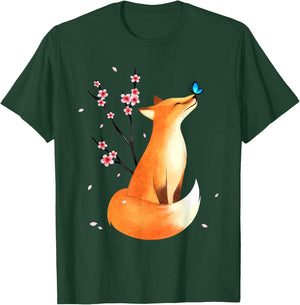 Fox Japanese Cherry Blossom Flower Vintage Gift T-Shirt - T-Shirt | Forest