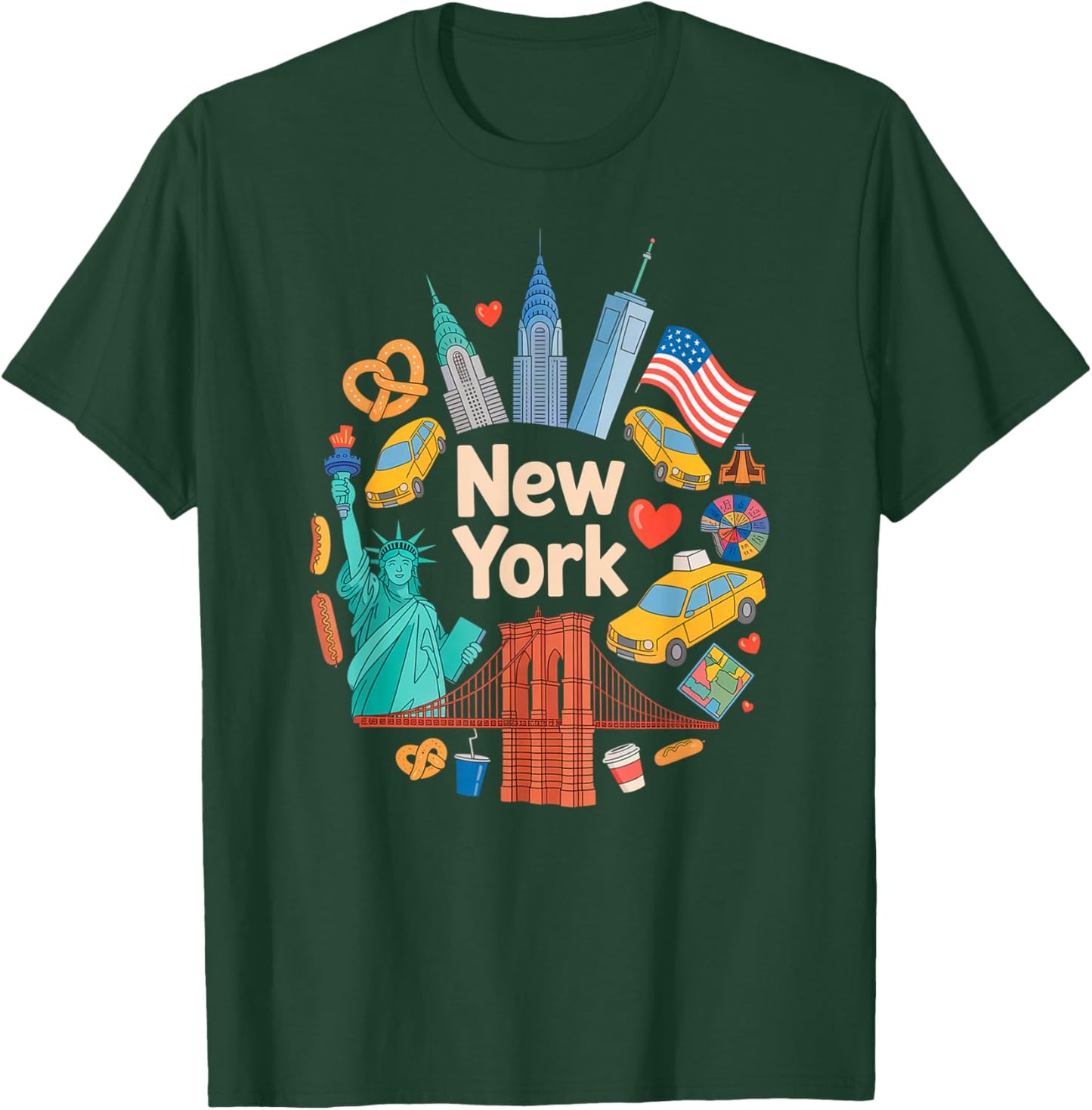 New York City Icons Cartoon Style Urban Collage Art T-Shirt - T-Shirt | Forest