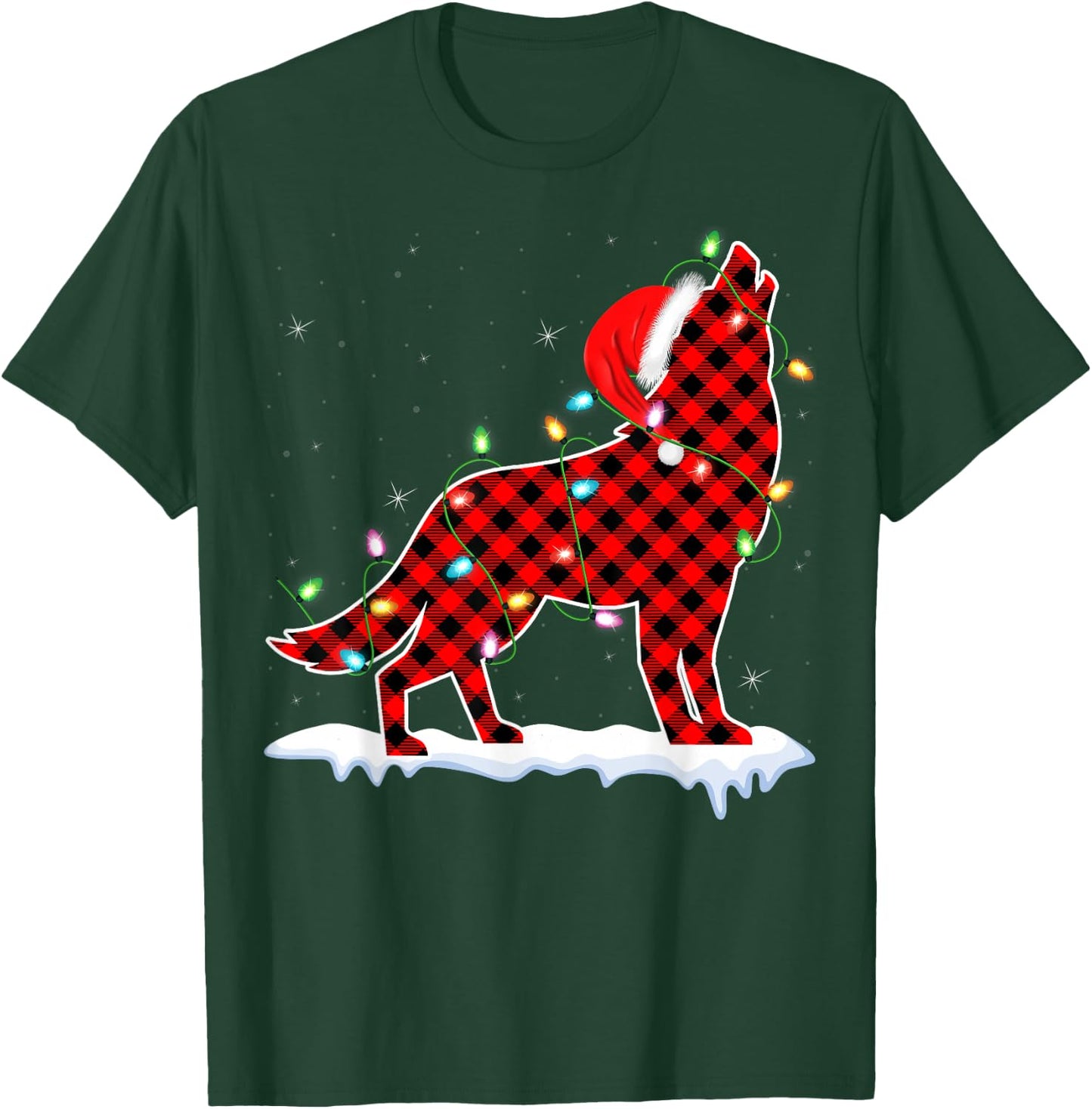 Santa Wolf Xmas Lighting Buffalo Plaid Wolf Christmas Pajama T-Shirt - T-Shirt | Forest