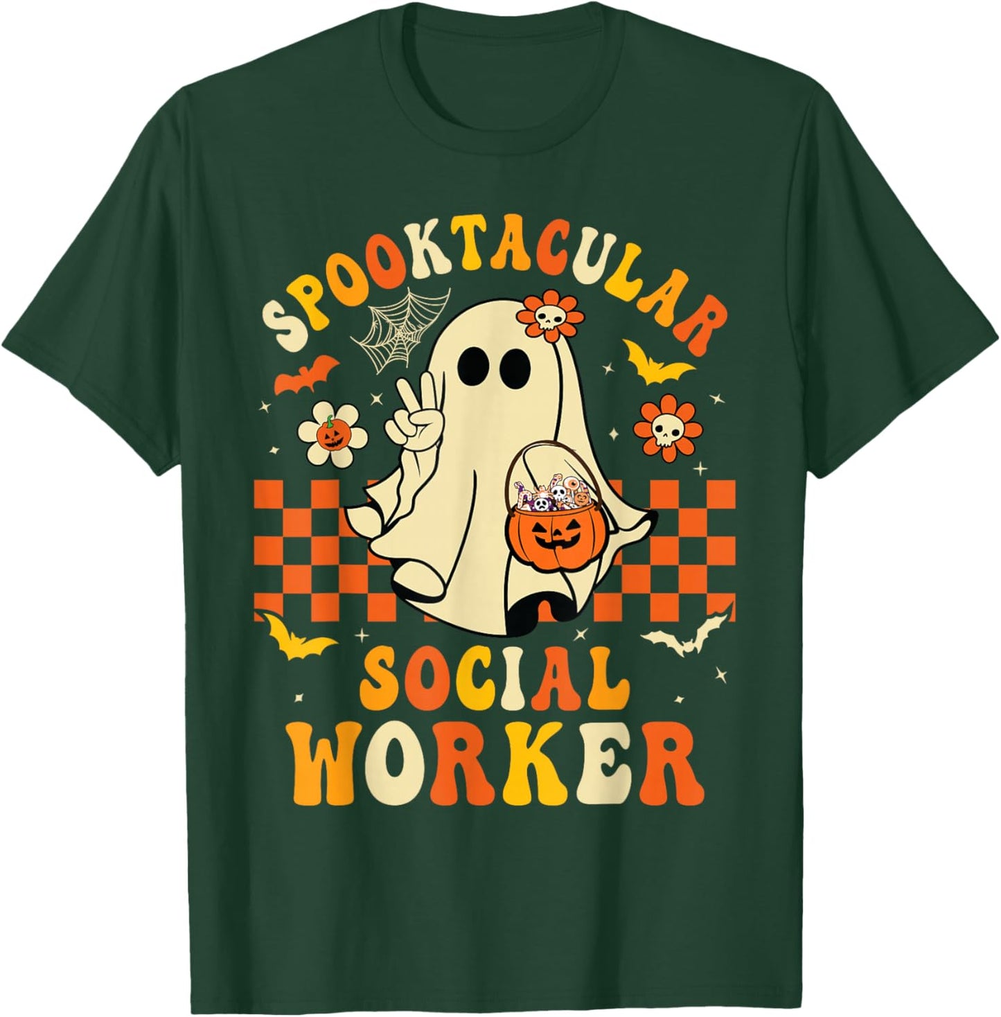 Groovy Spooktacular School Social Worker Halloween Ghost T-Shirt - T-Shirt | Forest