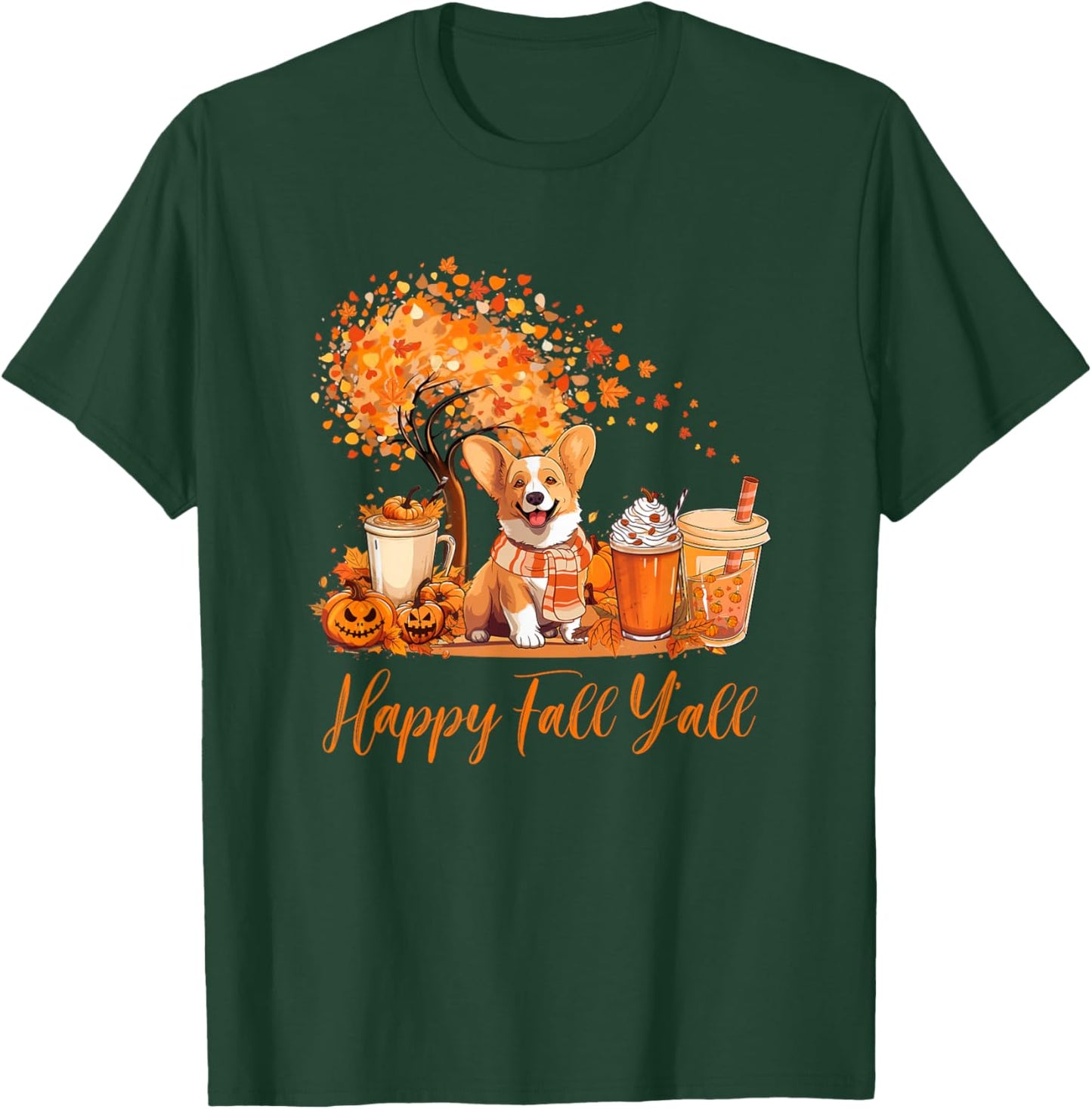 Happy Fall Y'all Corgi Autumn Pumpkin Spice Latte T-Shirt - T-Shirt | Forest
