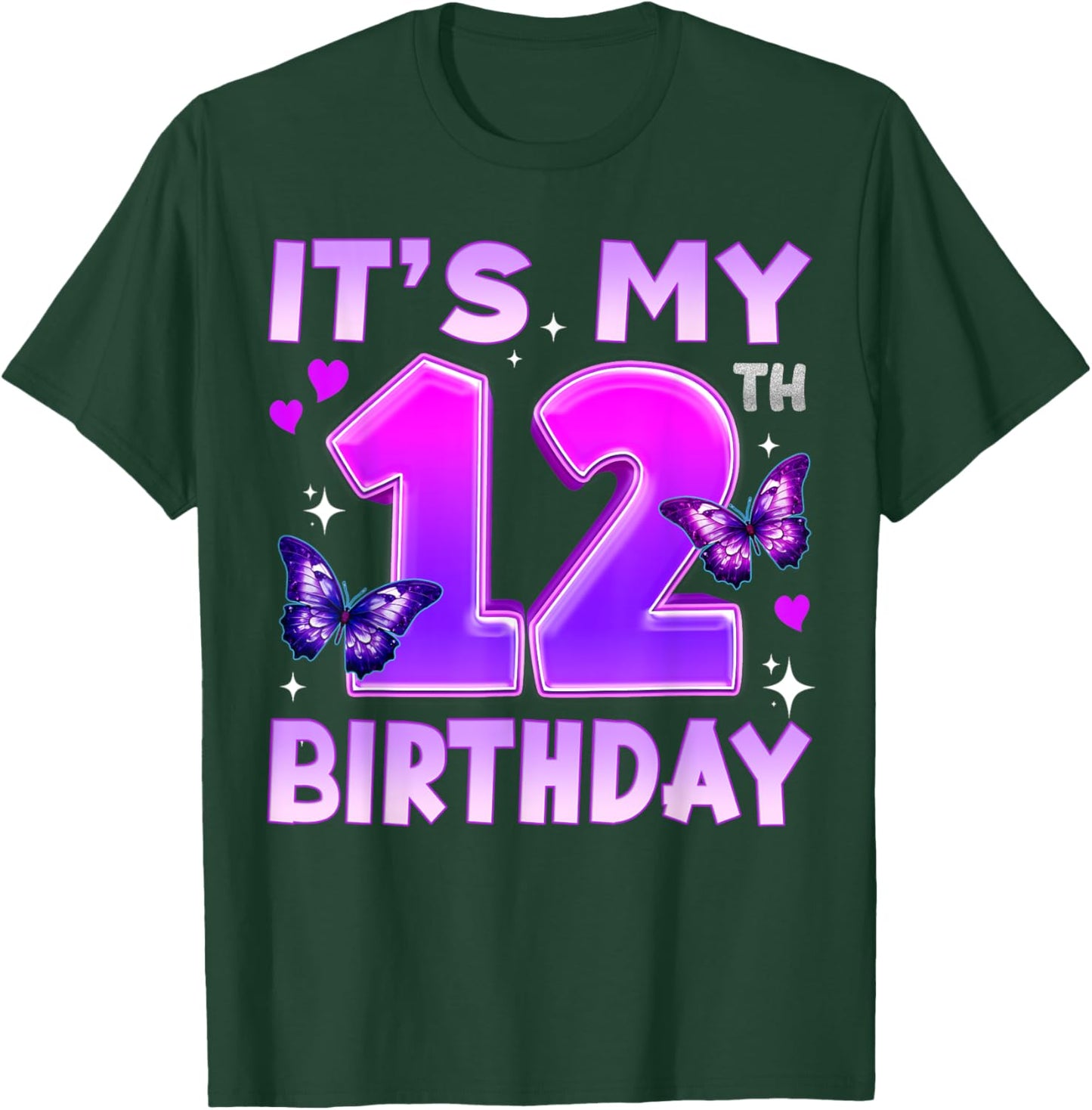 12th Birthday Cute Butterfly Bday 12 Year Old Birthday Girl T-Shirt - T-Shirt | Forest