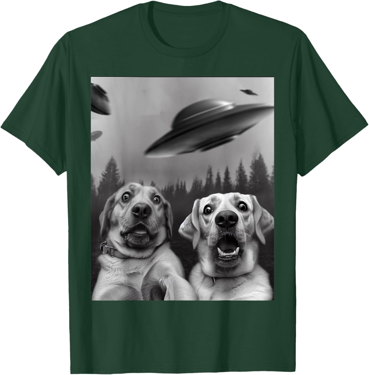 "Labrador Selfie" Funny Two Scaredy-Dogs and UFOs in Forest T-Shirt - T-Shirt | Forest