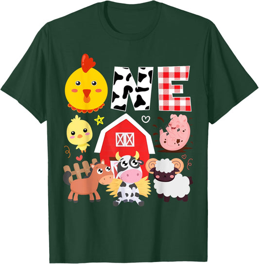 1st Birthday One Year Old Farm Theme Animals Birthday Party T-Shirt - T-Shirt | Forest