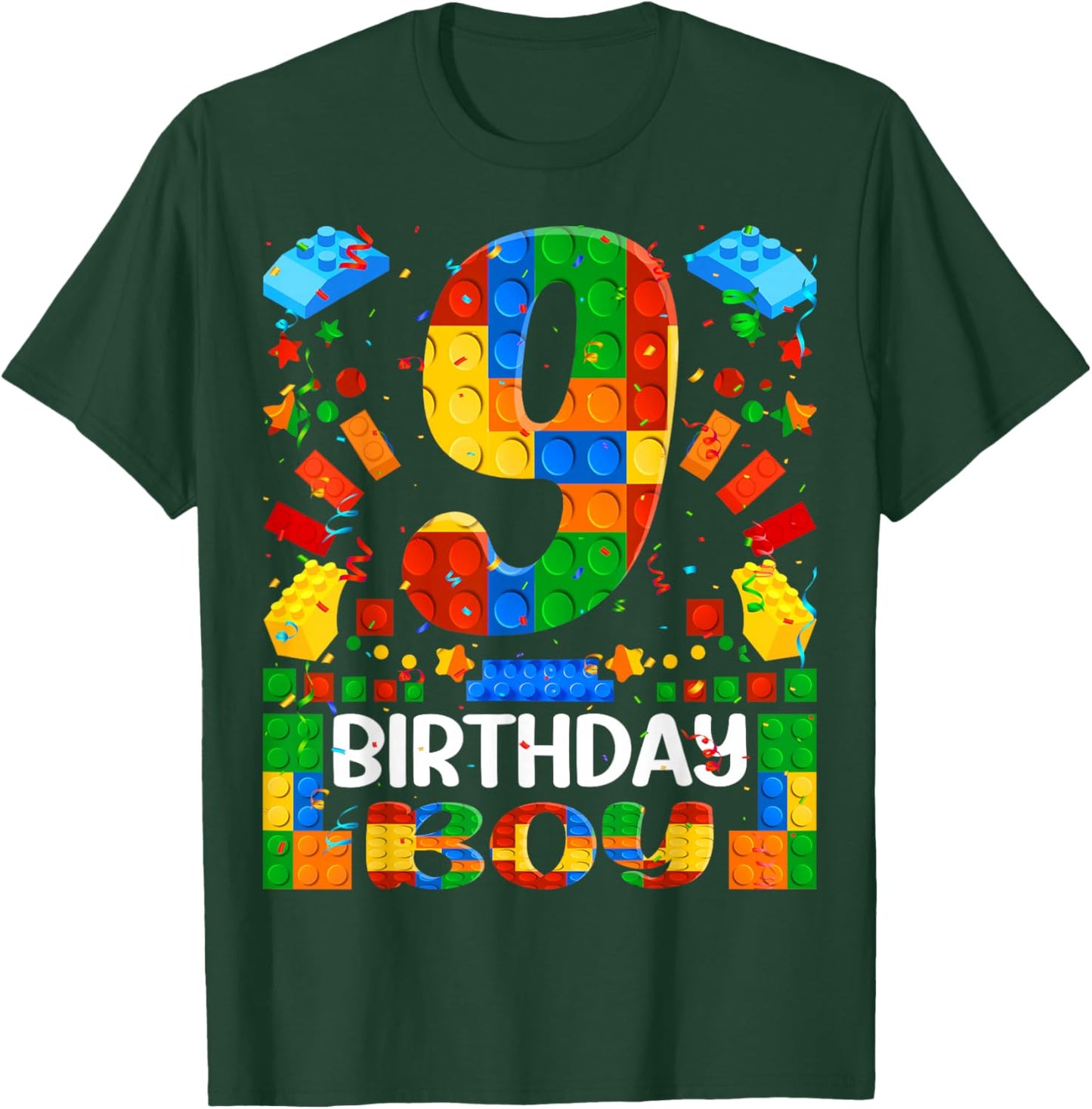 9 Year Old Building Blocks 9th Birthday Boy Brick Builder T-Shirt - T-Shirt | Forest