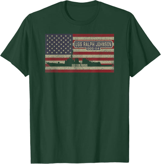 USS Ralph Johnson DDG-114 Destroyer Ship USA Flag T-Shirt - T-Shirt | Forest