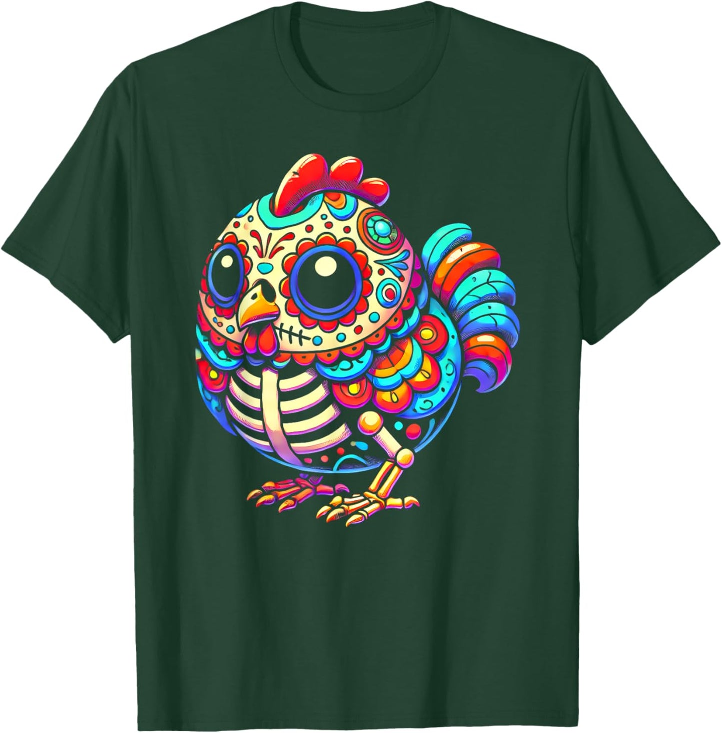 Colorful Sugar Skull Chicken Día de los Muertos Fun Skeleton T-Shirt - T-Shirt | Forest
