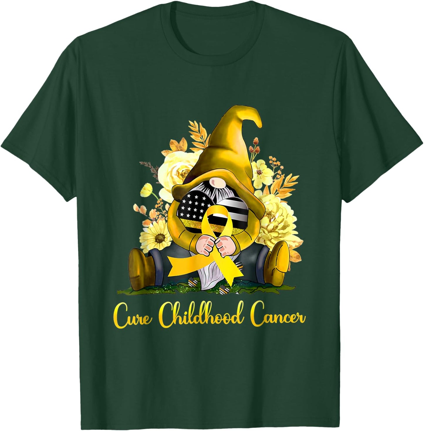 Cure Childhood Cancer Awareness Gold Ribbon Gnome Sunflower T-Shirt - T-Shirt | Forest