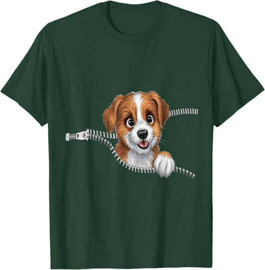 Cute Dog in Pocket Funny Zipper Pocket Graphic Design Puppy Women Girls Kids T-Shirt - T-Shirt | Forest