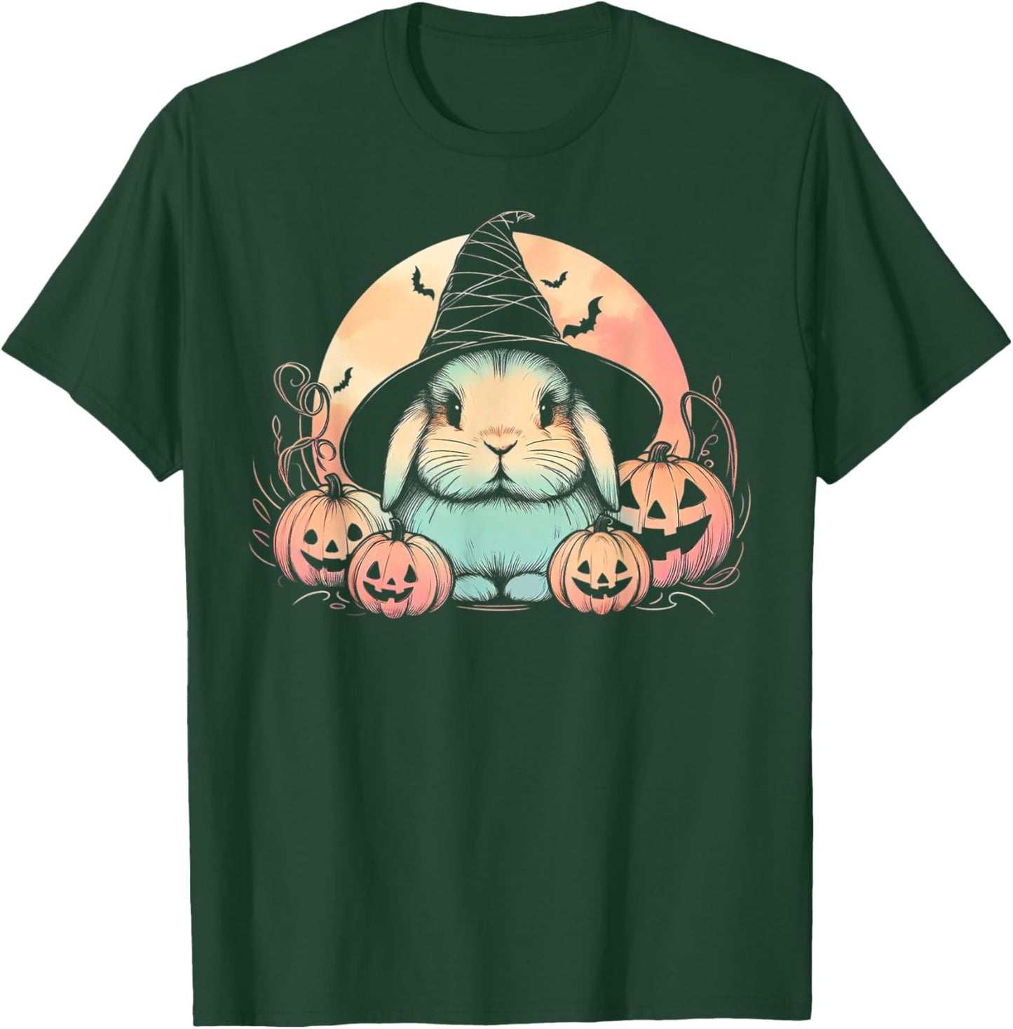 Halloween Witch Rabbit Spooky Holland Lop with Pumpkins Moon T-Shirt - T-Shirt | Forest