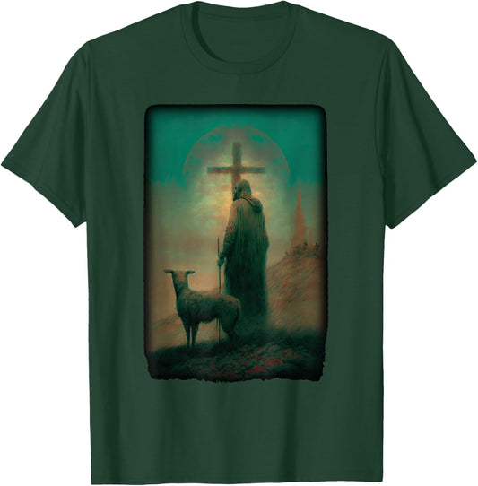 Biblical Jesus Lamb of God Sheep Shepard with Cross Old Art T-Shirt - T-Shirt | Forest