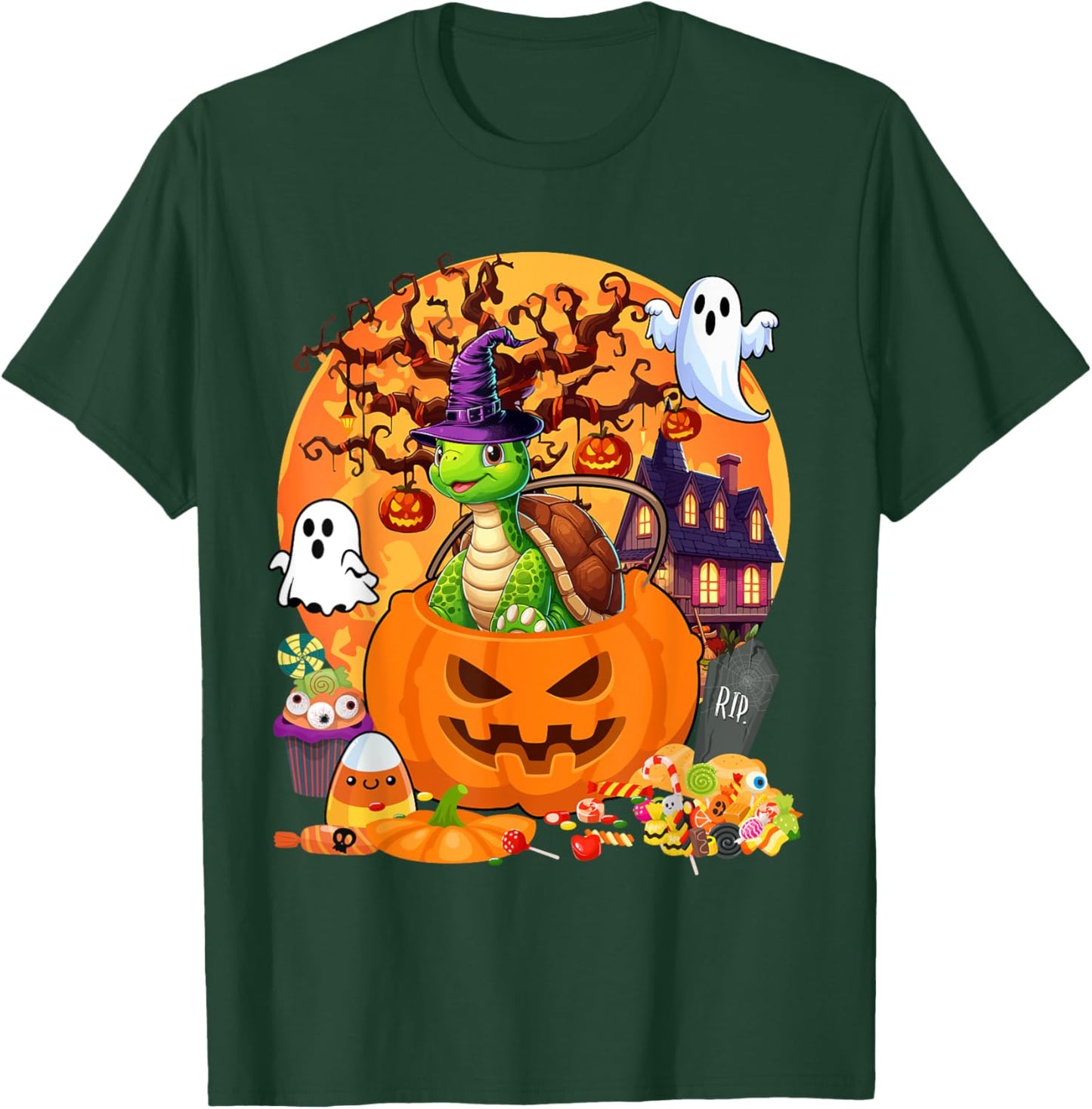Turtle Cosplay Witch In Carved Pumpkin Basket Halloween T-Shirt - T-Shirt | Forest
