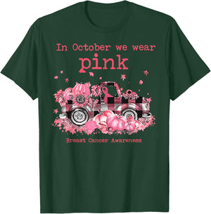 In Oct We Wear Pink Ribbon Plaid Truck Pumpkin Autumn Season T-Shirt - T-Shirt | Forest