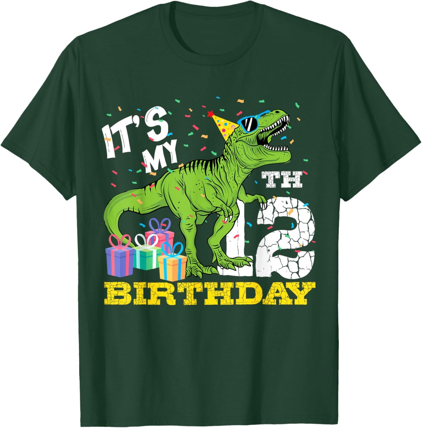 It's My 12th Birthday T-Rex Dinosaur Dino12 Year Old B-Day T-Shirt - T-Shirt | Forest