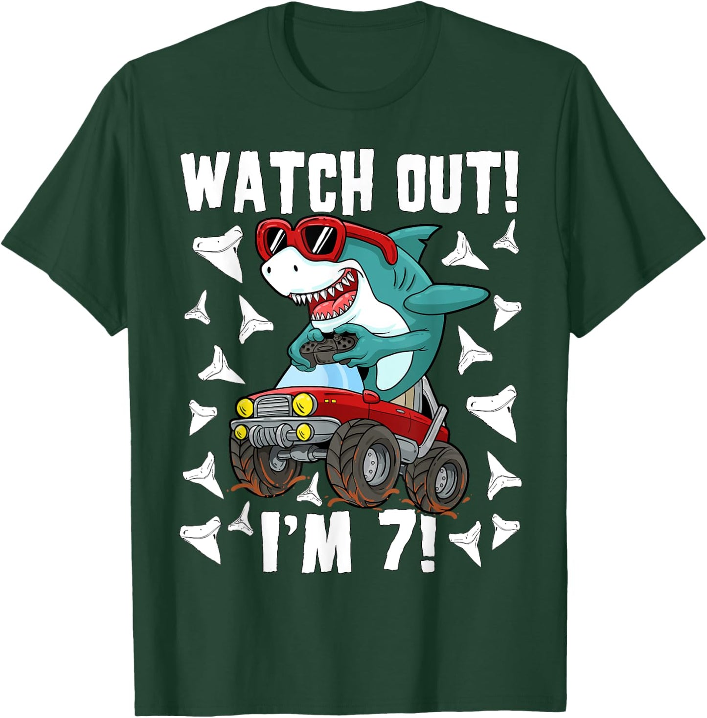 7 Years Old 7th Birthday Shark Boy Girl Monster Truck Gamer T-Shirt - T-Shirt | Forest