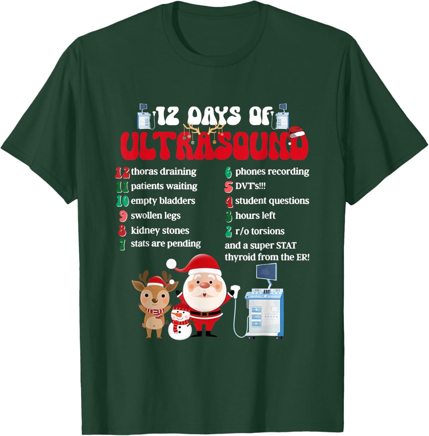 Women Retro 12 Days Of Ultrasound Tech Christmas Sonographer T-Shirt - T-Shirt | Forest