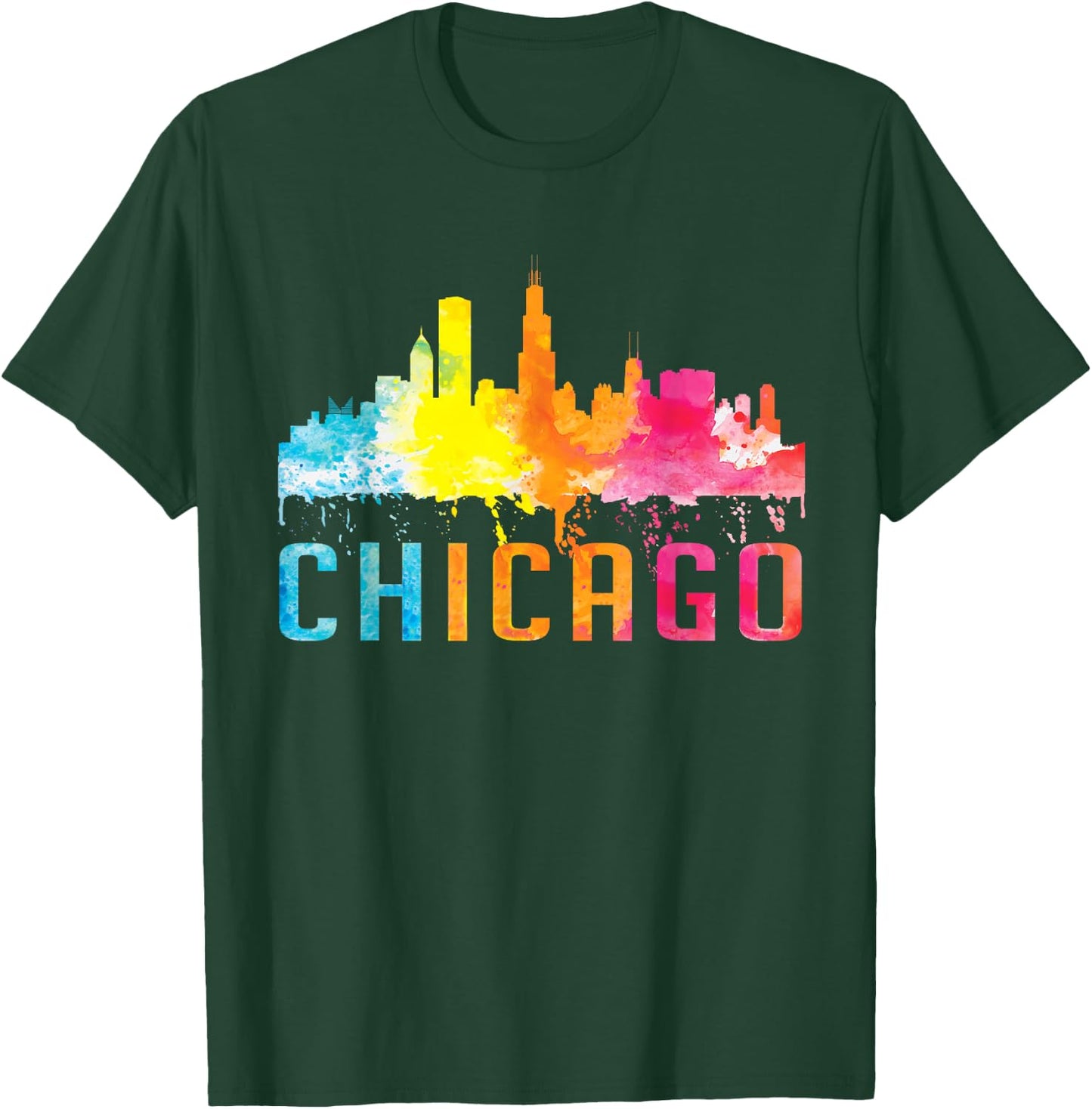 Chicago Illinois Retro Watercolour Skyline Souvenir T-Shirt - T-Shirt | Forest
