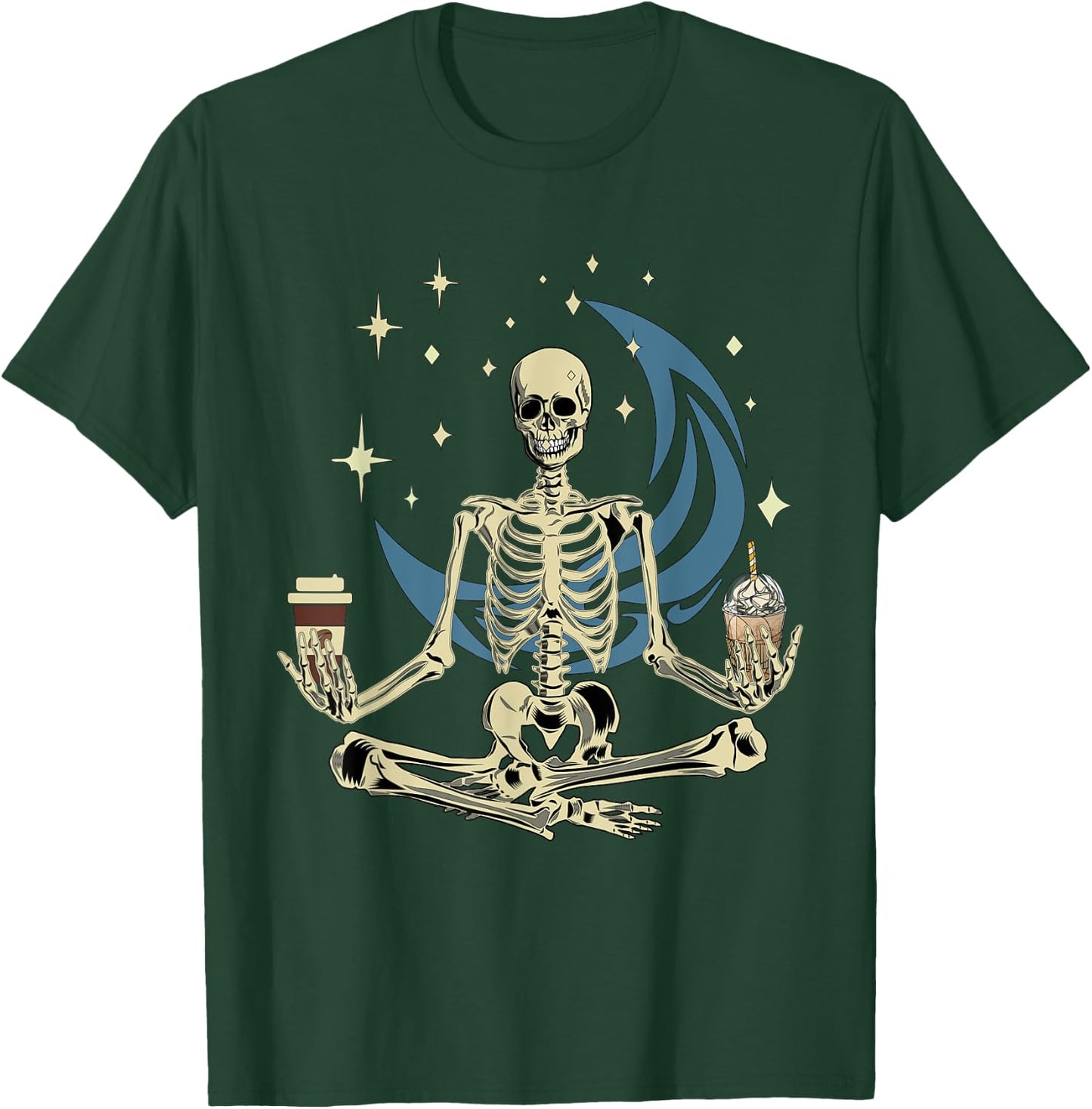 Skeleton Doing Yoga And Drinking Coffee Funny Meditation T-Shirt - T-Shirt | Forest