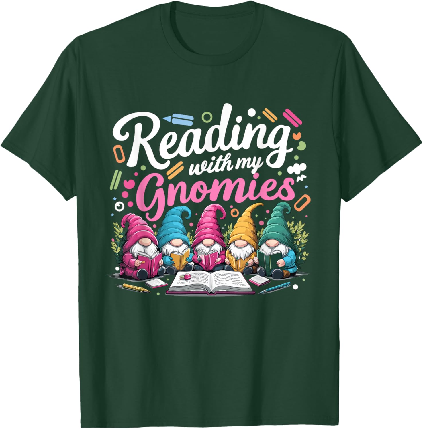 Cute Reading With My Gnomies,Funny Gnome Book Bookworm Lover T-Shirt - T-Shirt | Forest