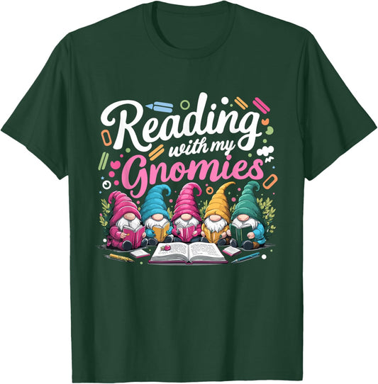 Cute Reading With My Gnomies,Funny Gnome Book Bookworm Lover T-Shirt - T-Shirt | Forest