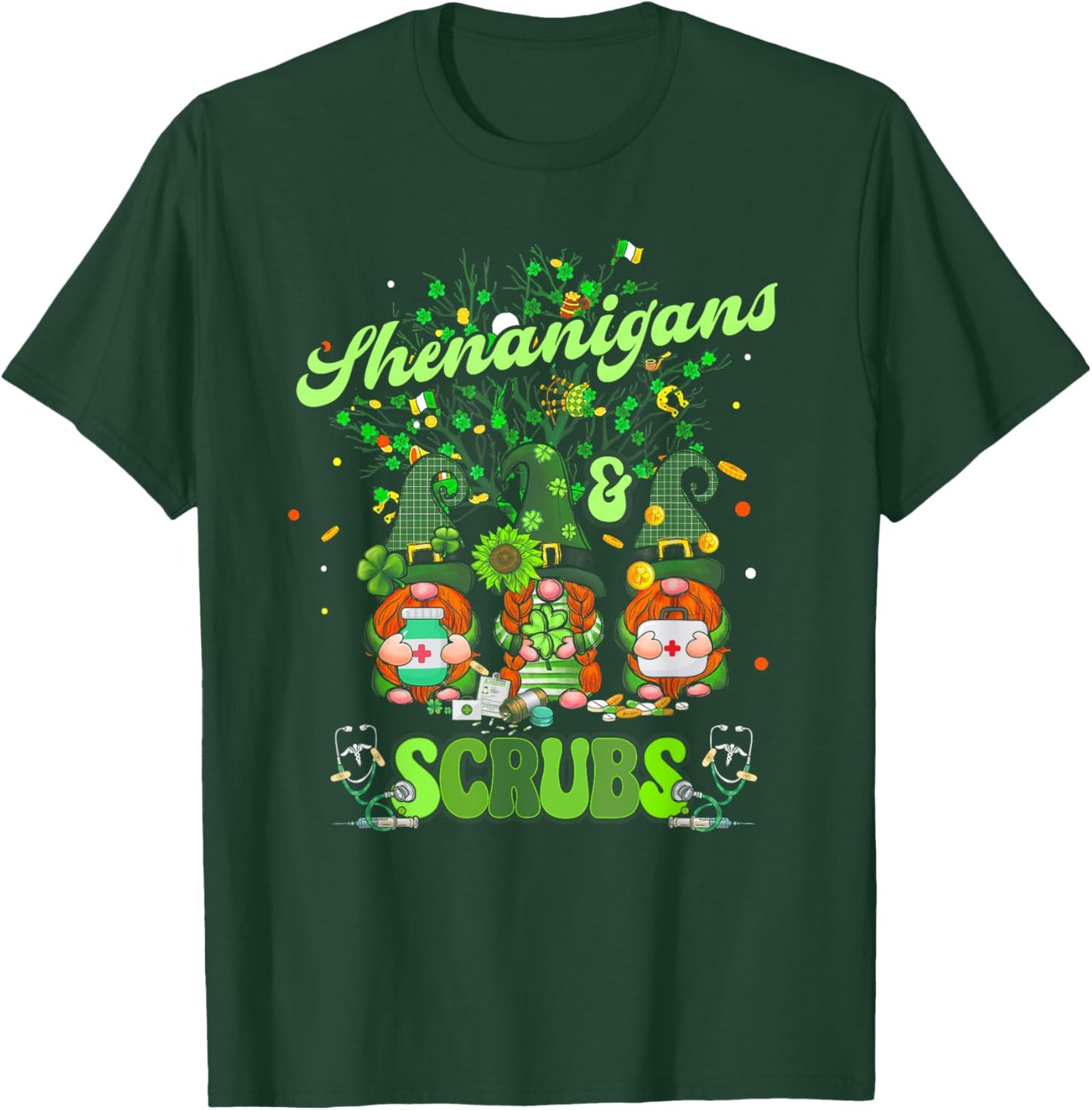 Nurse St Patrick Day Shenanigans and Scrubs Scrub Top T-Shirt - T-Shirt | Forest