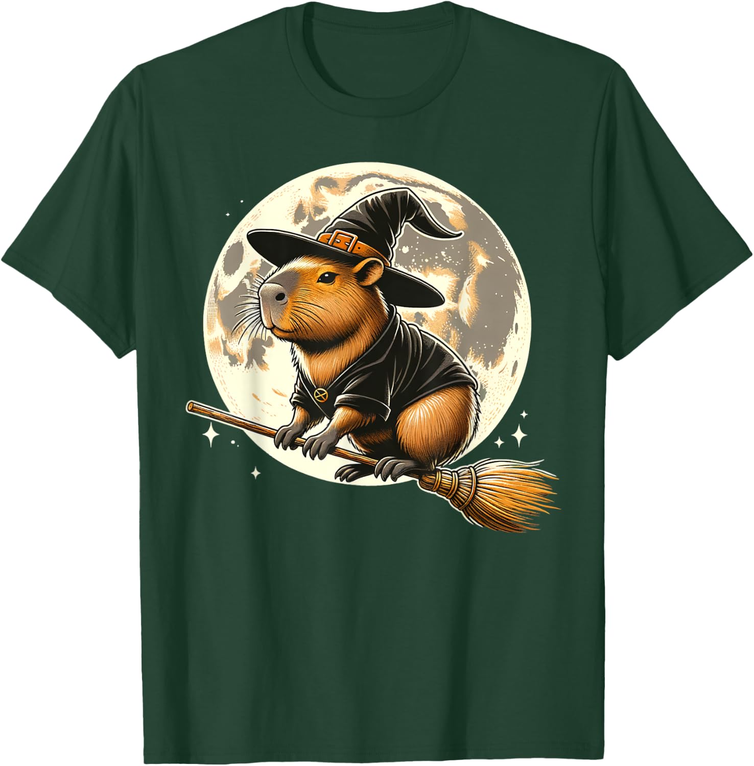 Funny Capybara Rides a Witch's Broom Halloween Spooky Vides T-Shirt - T-Shirt | Forest