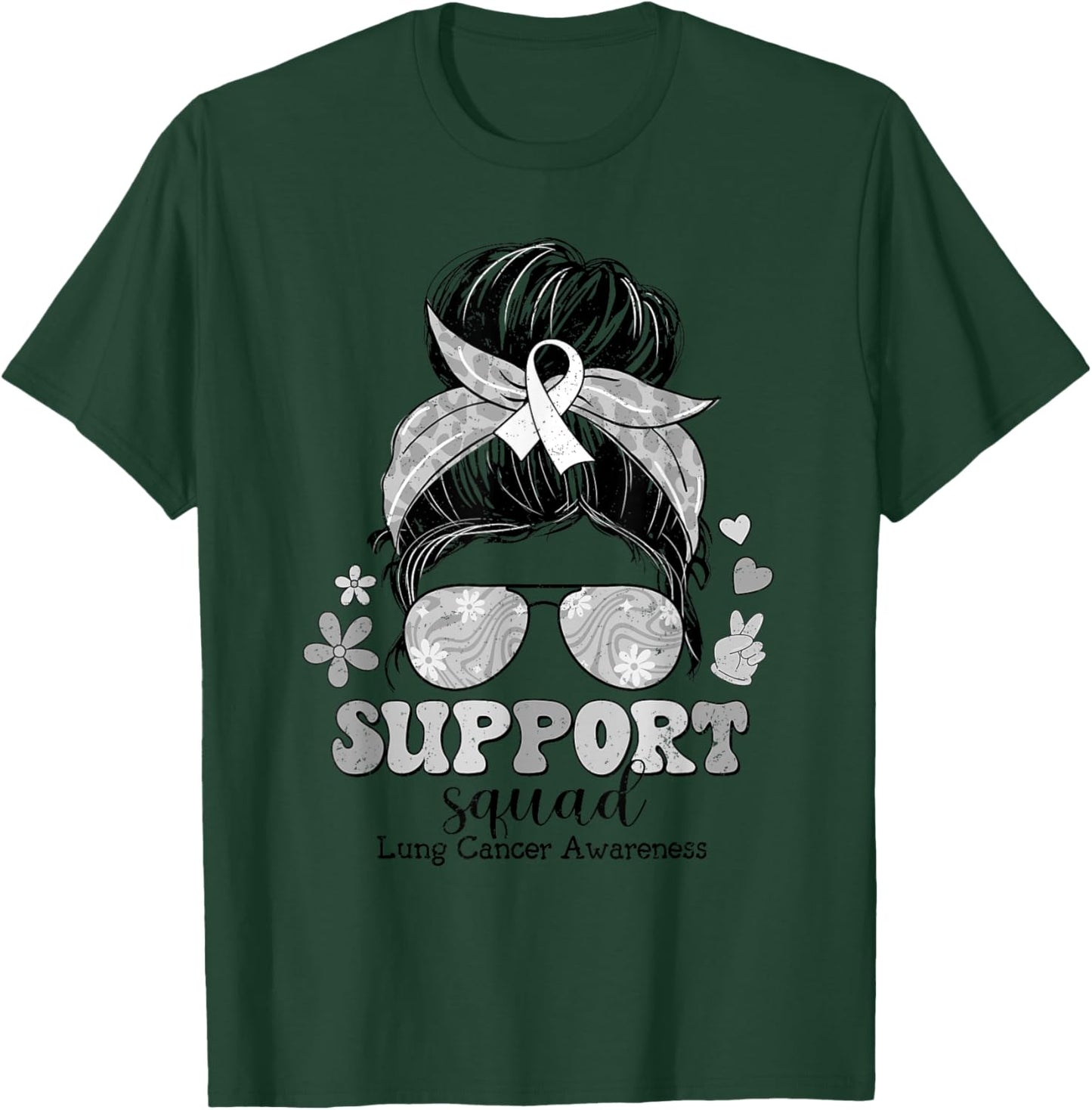 Groovy Support Squad Messy Bun Lung Cancer Awareness T-Shirt - T-Shirt | Forest