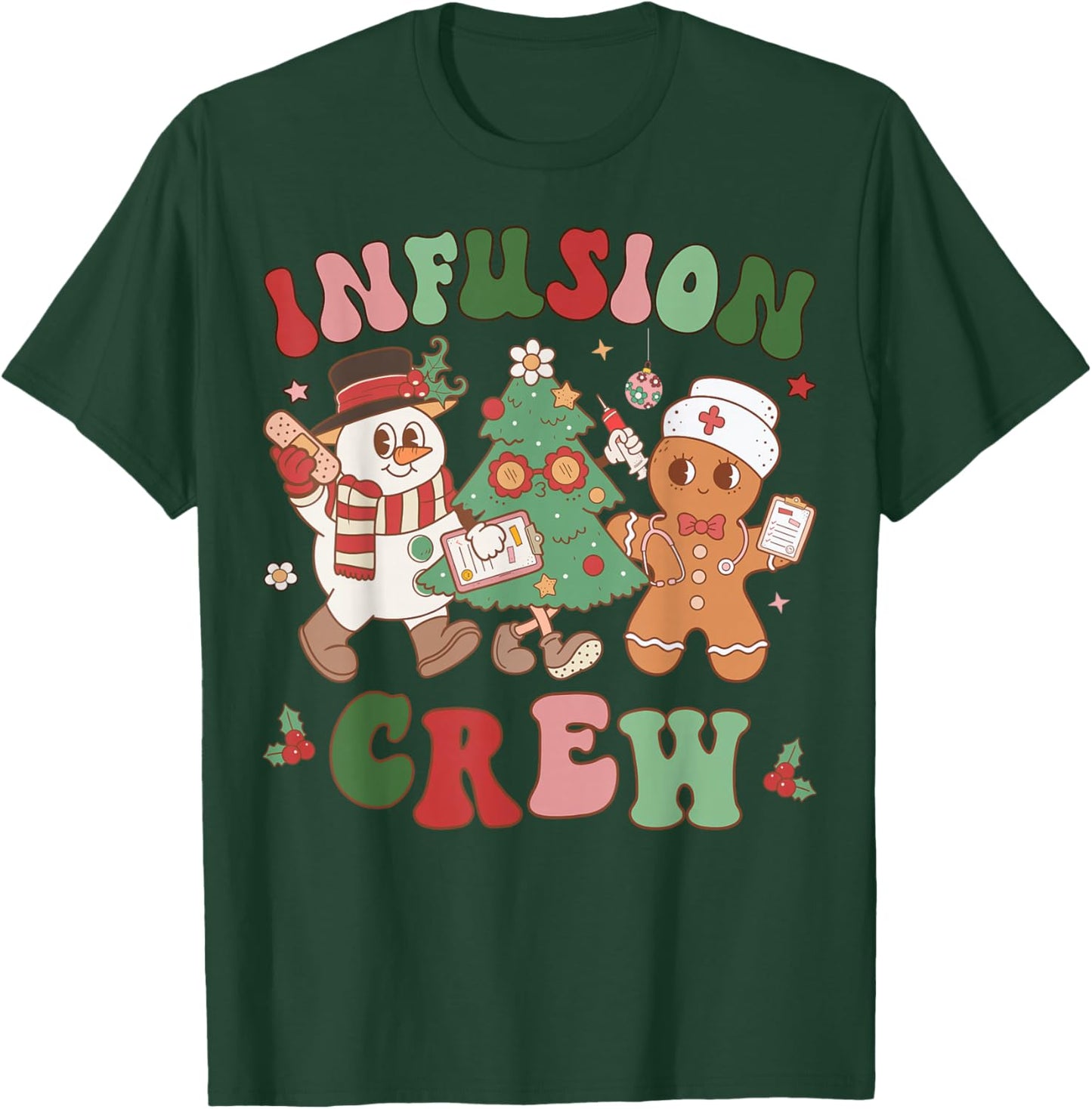 Retro Infusion Nurse Crew Christmas Chemotherapy Nursing T-Shirt - T-Shirt | Forest