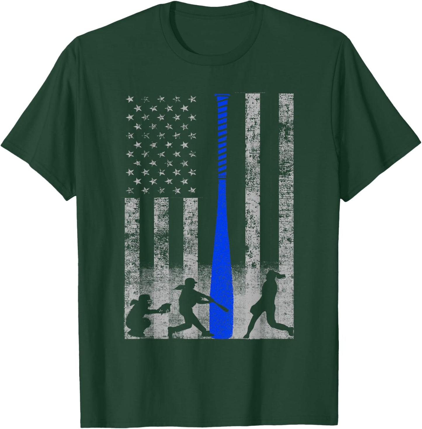 Softball American Flag - Blue Bat and Softball Players Flag Kids Men T-Shirt - T-Shirt | Forest